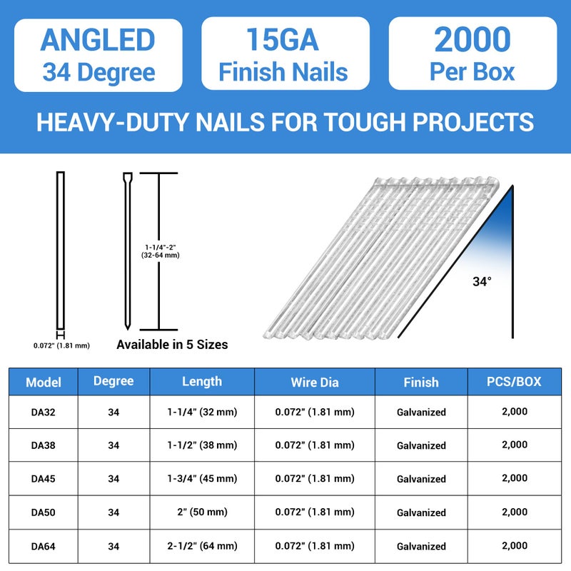 meite 15 Gauge Angled Finish Nails, 1-1/2-Inch 34 Degree DA Series Galvanized Finishing Nails for Nailer Guns - Perfect for Window Trim, Cabinet Building and Other DIY Projects (2,000 Counts) - Image 2